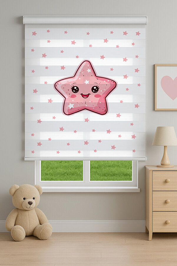 Home Pembe Gülümseyen Yıldız Desenli Zebra Stor Perde - Bebek ve Kız Çocuk Odaları İçin