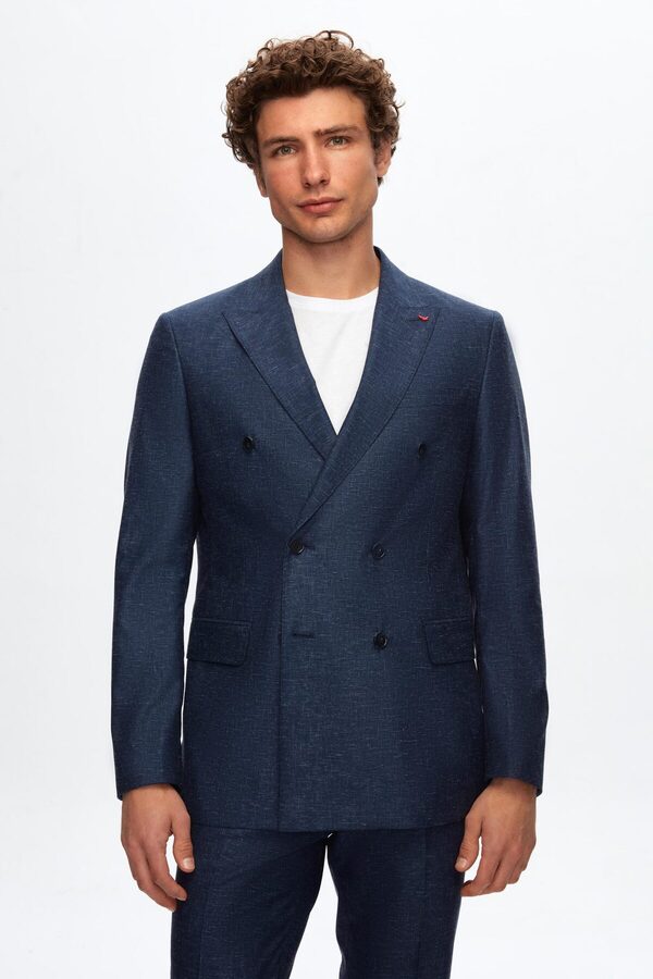 D'S Damat Ds Damat Slim Fit Navy Blue Houndstooth Linen Blend Double Breasted Suit