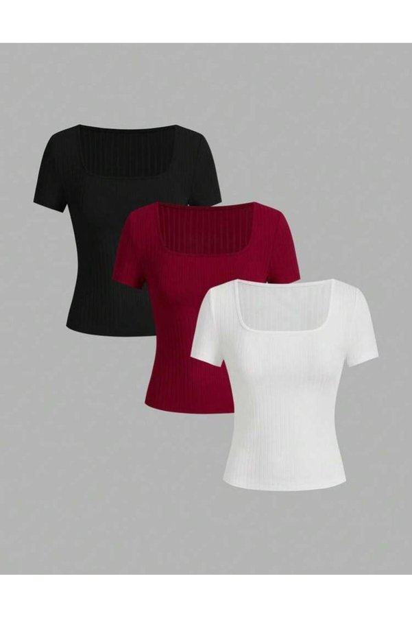 MİLYA&GYM Women's 3-Pack Ribbed Camisole Body-Hugging Square Neck Crop T-Shirt