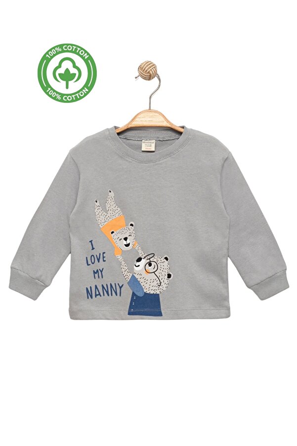 Divonette Kız Erkek Çocuk İnce Mevsimlik %100 Pamuk Uzun Kollu Ayıcık Desenli Unisex Gri T-shirt