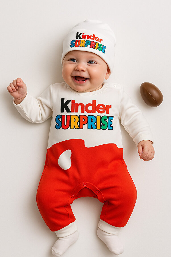 UmBaby Kız Erkek Bebek Kinder Surprize Uzun Kol 2 Parça Tulum Şapkalı Konsept Çekim Yenidoğan Pamuklu