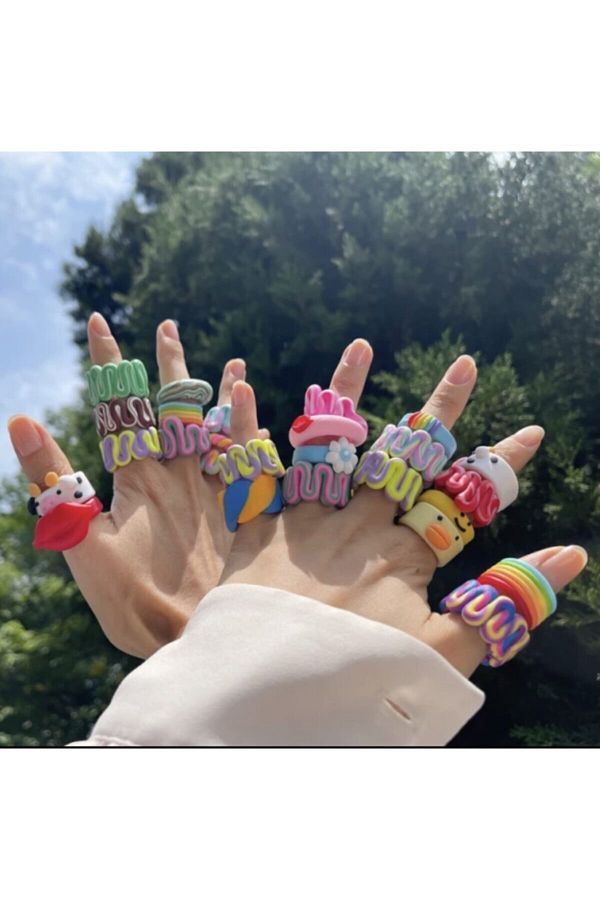 Hedef Bijuteri Polymer Clay Blue yellow pink purple Colored Stripe Wavy Model Handmade Ring Chunky Clay Ring Trendyol