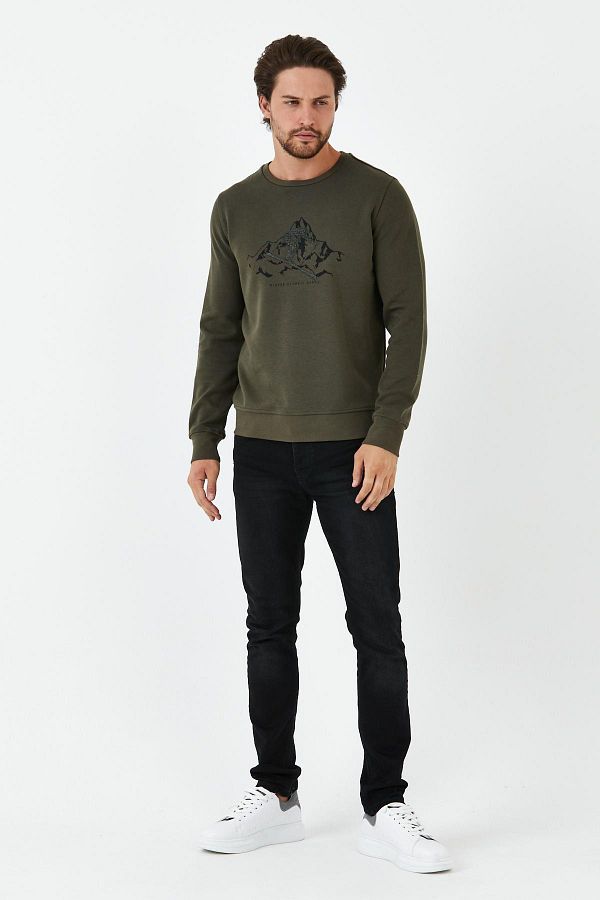 ENQUE Men s Oversize Printed Crew Neck Basic Khaki Sweatshirt Trendyol