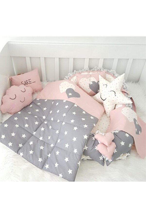 Jaju Baby Gri Yıldızlı Ortopedik Lüx 7'li Jaju Babynest Set Lüx Tasarım Anne Yanı Yatak