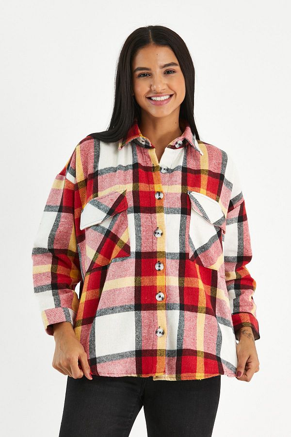 Tarz Cool White red yellow Women s Oversize Lumberjack Pocket Detailed Plaid Jacket Shirt kodg001r11s Trendyol