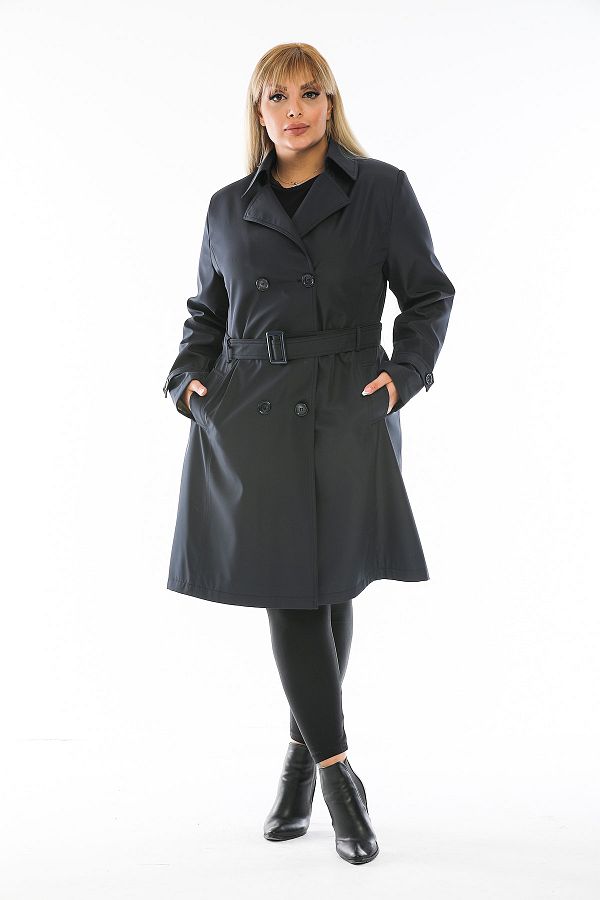 Bigart Large Size Navy Blue Double Breasted Trench Coat with Plaid Lining Detail Trendyol