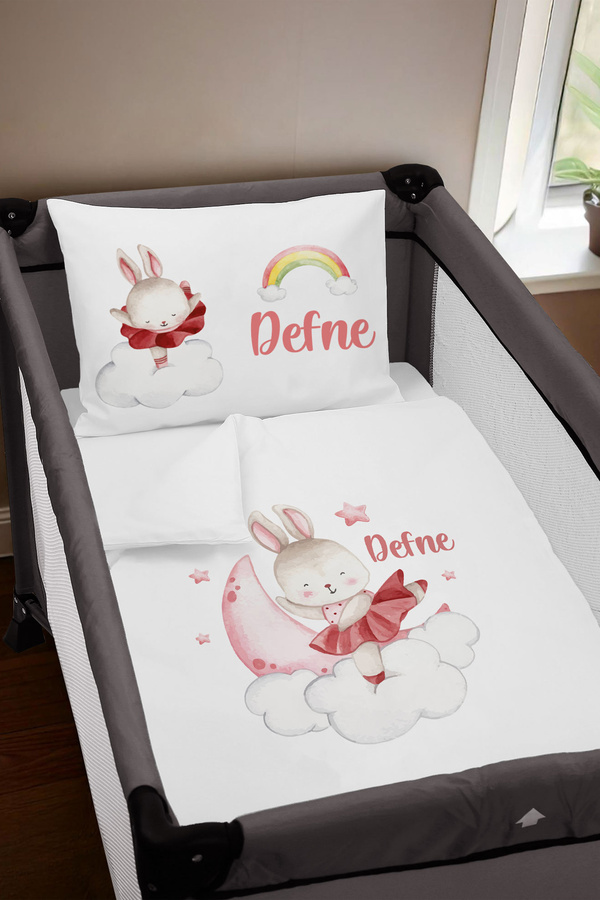 Homamia Isme Özel 75x120 Park Yatak Beşik Nevresim Takımı Balerin Tavşan