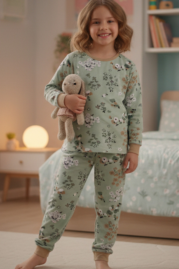 MK Mukko Kids Çocuk Pijama Takımı - Kız Çocuk Yeşil Çiçek Desenli Mevsimlik Pamuklu Terletmez Pijama Takımı