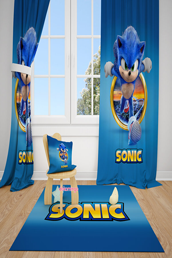 dekomingo Mavi Sonic Desenli Çift Kanat Çocuk Odası Fon Perde