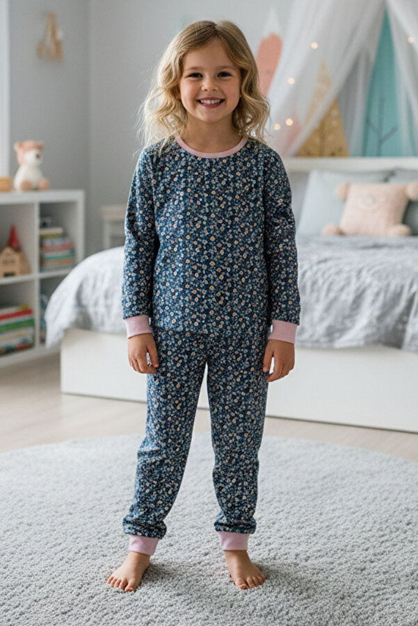 MK Mukko Kids Çocuk Pijama Takımı - Kız Çocuk Çıtır Çiçek Desenli Mevsimlik Pamuklu Pijama Takımı