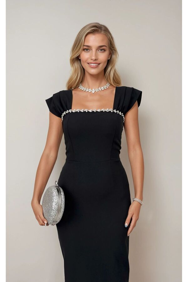OLSAMODA Women's Black Dress with Stone Detail on the Collar, Atlas Fabric, Long Length, for Wedding, Engagement, Prom, or Party.