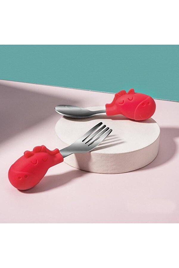 valkyrie Bebek Zebralı Yemek Kısa Saplı Çocuk Paslanmaz Çelik Çatal Kaşık Kırmızı