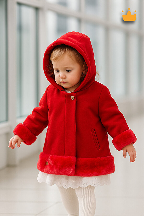 Babyhola Kız Bebek Çocuk Pamuk Astarlı Kapüşonlu Kürk Detaylı Kaşe Kaban Kışlık 13494