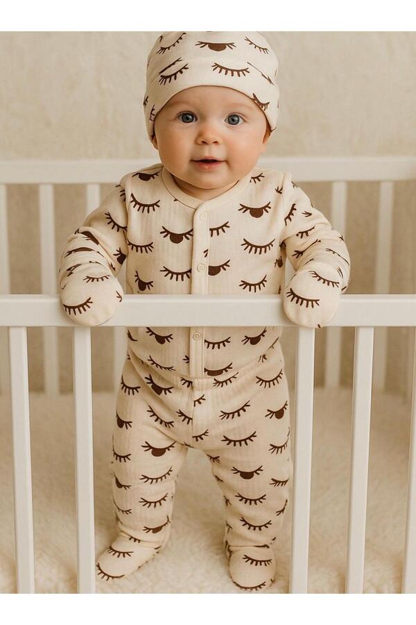 anne dokunuşu gibi KUZUM BEBE Kahve Güneş Desenli Organik 5 Parça Hastane Çıkışı Bebek Zıbın Takım