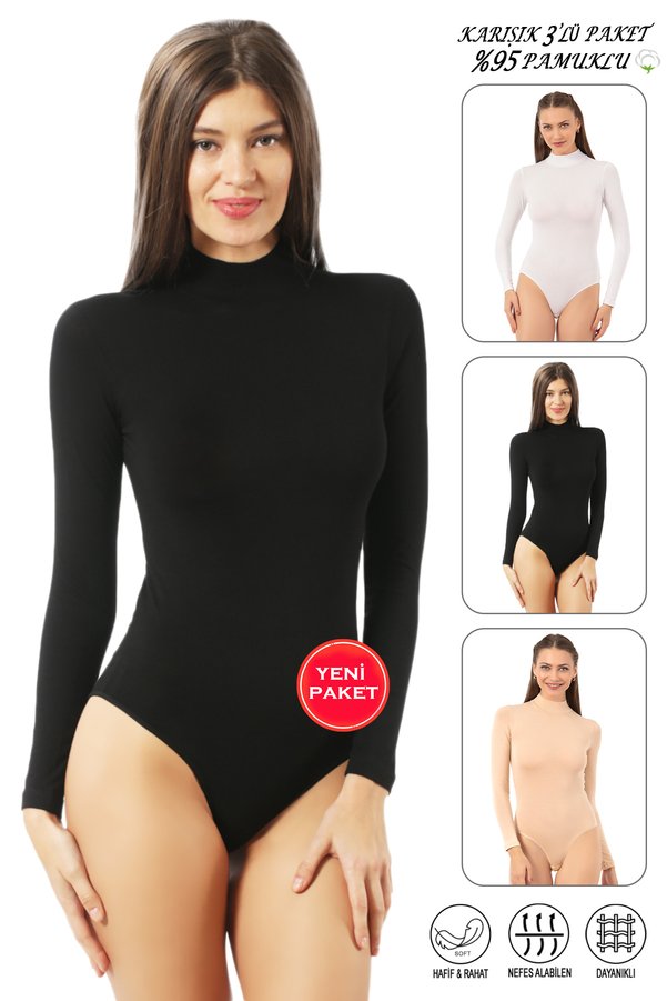 ÖZKAN underwear Özkan 0614 3 Pack Women's Combed Cotton Lycra 95% Cotton Fit Mold Fisherman Stand Collar Snap Fastener Body Long