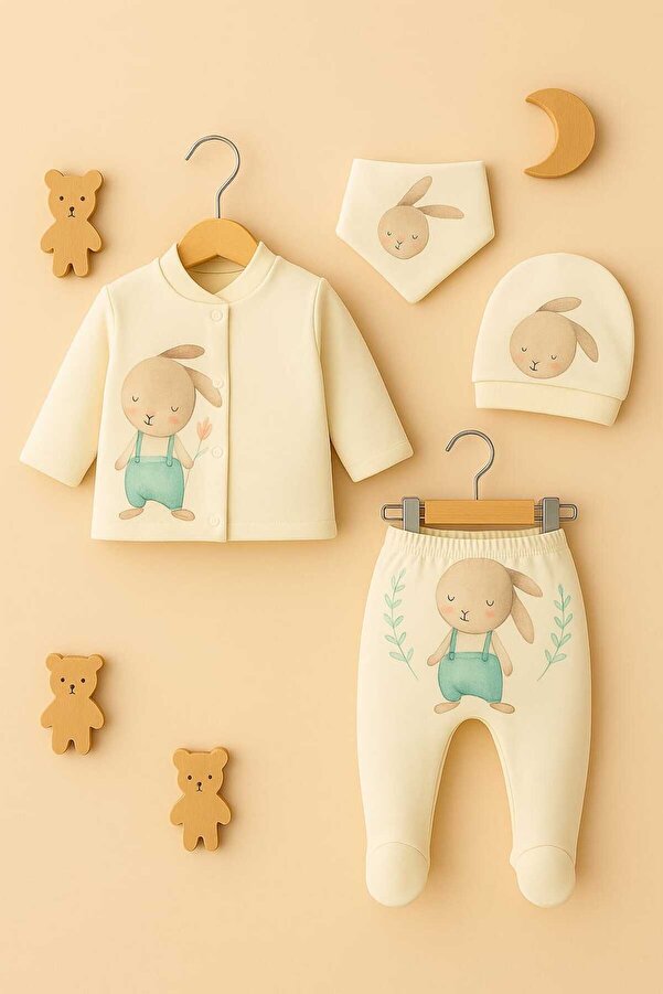 bebekpare Hastane Çıkış Seti %100 Pamuk Tavşan Beyaz