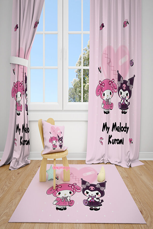 dekomingo Kalpli Kuromi ve My Melody Desenli Çift Kanat Çocuk Odası Fon Perde
