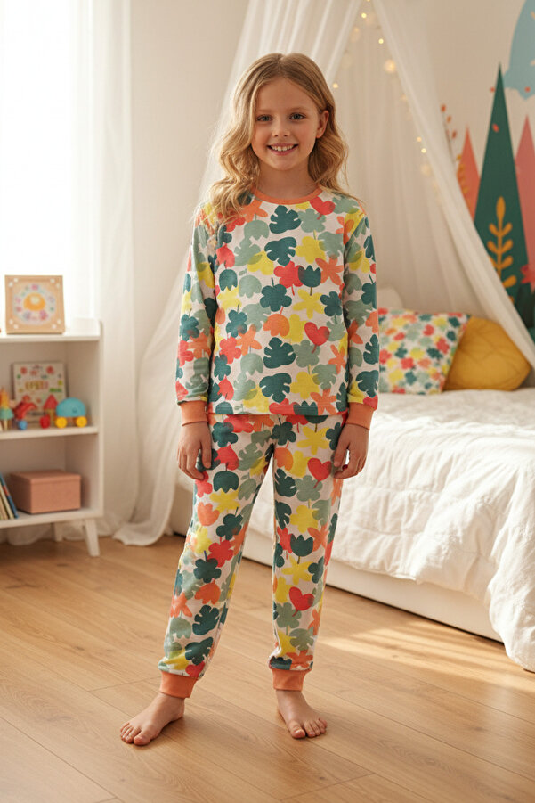 MK Mukko Kids Çocuk Pijama Takımı - Kız Çocuk Yaprak Desenli Mevsimlik Pamuklu Pijama Takımı