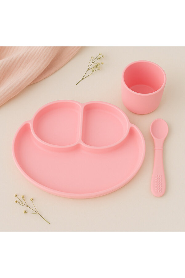 CKM silikon 3'lü Silikon Beslenme Seti - Silikon Vakumlu Mama Tabağı, Diş Kaşıyıcı Kaşık ve Bardak Pembe