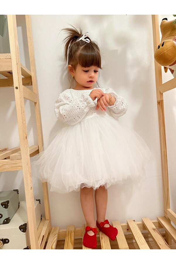 penu baby kids Ekru Fisto Kumaş Altı Tül Etekli Uzun Kollu Fiyonklu Kız Çocuk Kız Bebek Elbise
