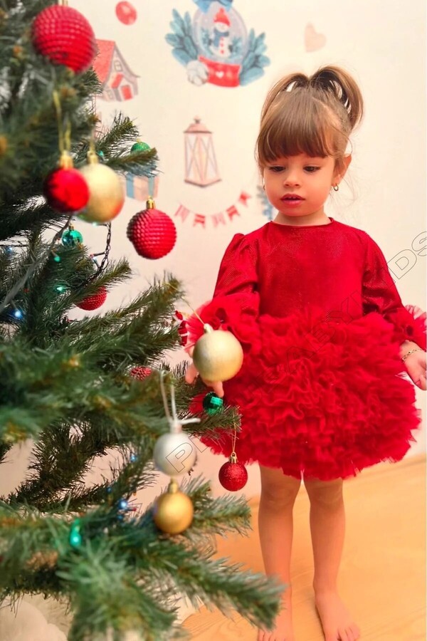 penu baby kids Kırmızı Pırıltı Kumaş Tütü Etekli Fiyonklu Uzun Kollu Kız Çocuk Kız Bebek Elbise