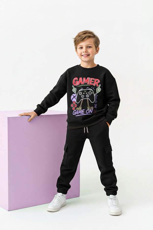 TRENDYOLKIDS Black Printed Knitted Boys' Bottom - Top Set Tkdaw26Au00057