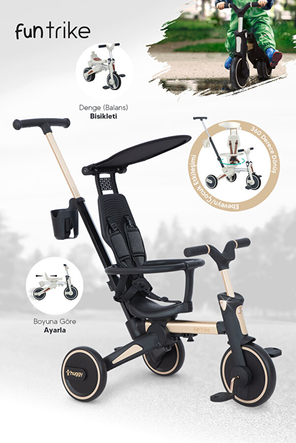 Huggy 6in1 FunTrike Siyah 3 Tekerlekli Bebek Bisikleti |Ebeveyn Kontrollü, Katlanabilir ve Denge Modlu