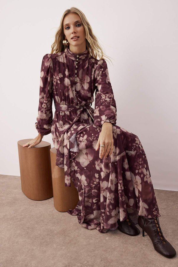 Trendyol Modest Plum Floral Shiny Button Detailed Woven Chiffon Dress TCTAW26EB00043