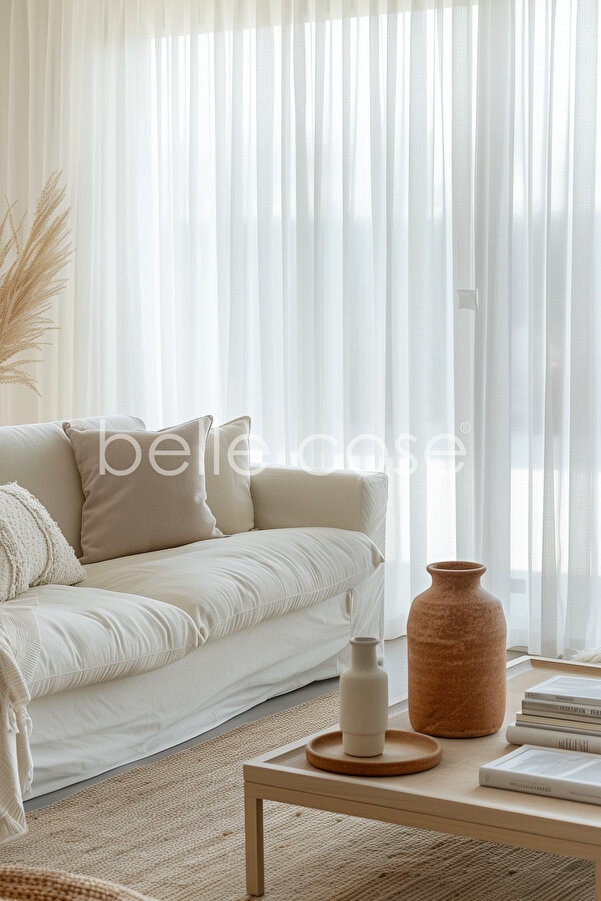 Belle Cose Pileli Keten Görünümlü Beyaz Tül Perde (1x2 Geniş Pile)