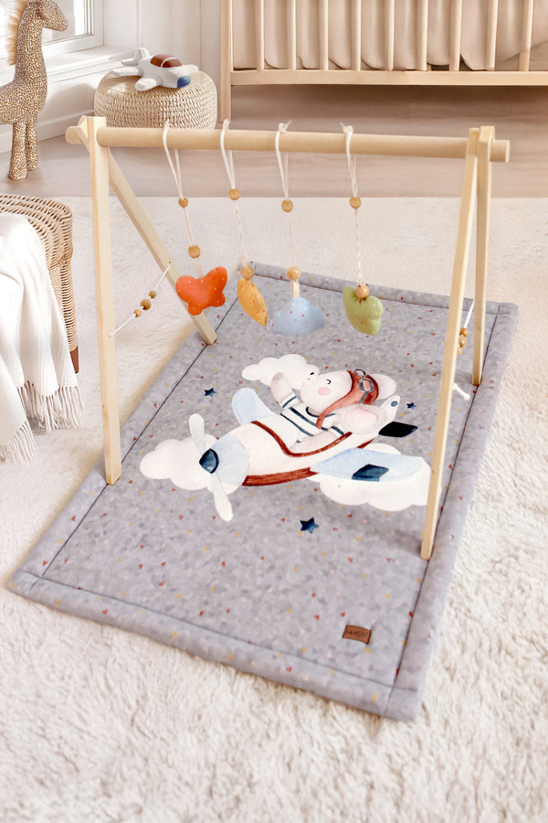 HAMUR Bebek Oyun Halısı Ahşap Oyun Matı Oyuncaklı Yenidoğan Aktivite Etkinlik Egzersiz Baby Gym Fly