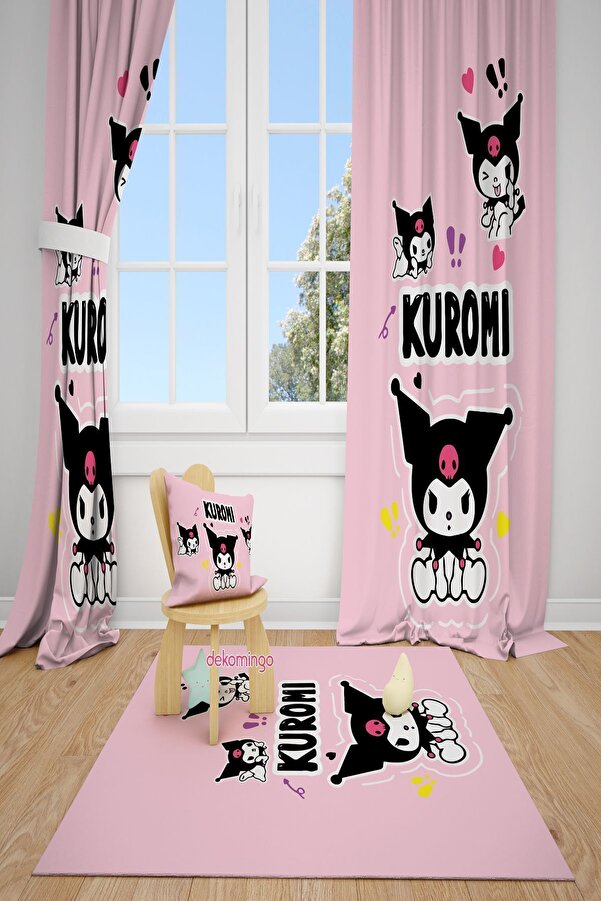 dekomingo KUROMİ ÜÇLÜ PEMBE BEBEK VE ÇOCUK ODASI FON PERDE 2 KANAT