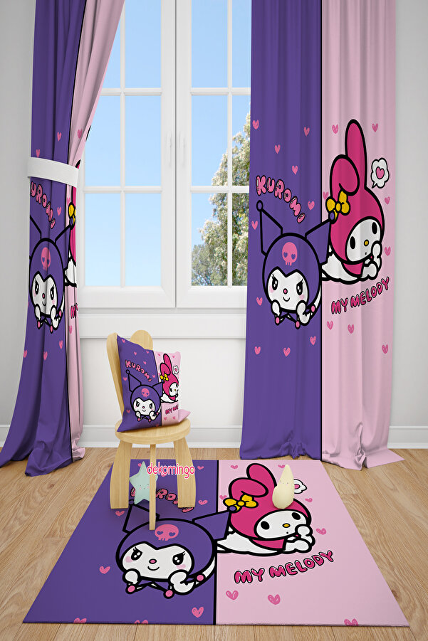 dekomingo MOR VE PEMBE KUROMİ MY MELODY BEBEK VE ÇOCUK ODASI FON PERDE 2 KANAT