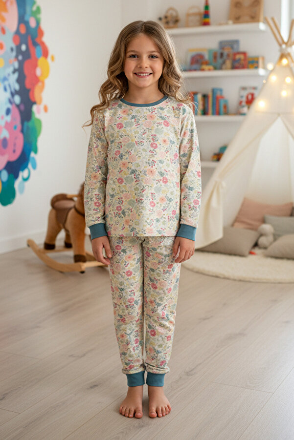 MK Mukko Kids Kız Çocuk Soft Çiçek Desen Tasarım Mevsimlik Pijama Takımı