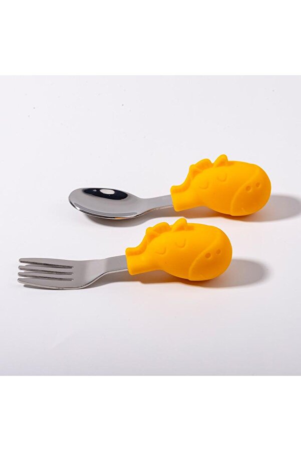 valkyrie Bebek Zebralı Yemek Kısa Saplı Çocuk Paslanmaz Çelik Çatal Kaşık Sarı