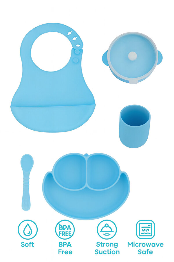 CKM silikon 5li silikon bebek beslenme seti mavi (bölmeli mama tabağı, sızdırmaz Kase, Kaşık, Bardak, önlük )