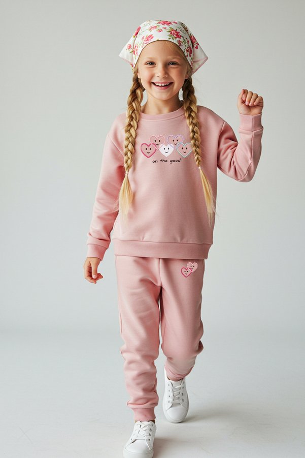 TRENDYOLKIDS Girl Child Dusty Rose Heart Patterned Pajamas Suit Knitted Bottom-Top Suit Tkdaw25Au00077