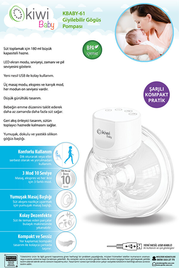 Kiwi Baby Led Ekranlı Sessiz Çalışma Giyilebilir Göğüs Pompası Kbaby-61