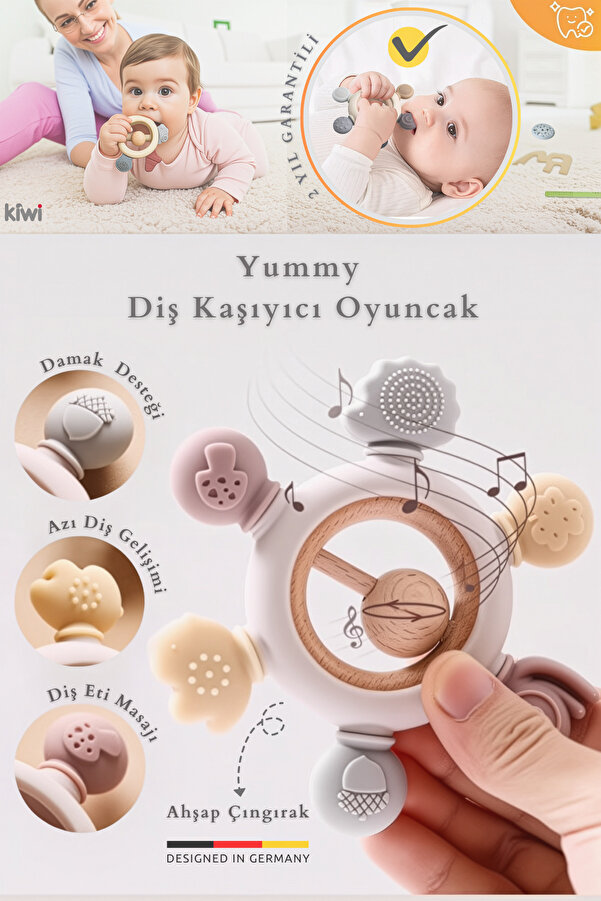 Kiwi Yummy Çıngıraklı Bebek Diş Kaşıyıcı–Ağrısız Diş Çıkarma, %100 Güvenli ve Organik, Annelerin Seçimi