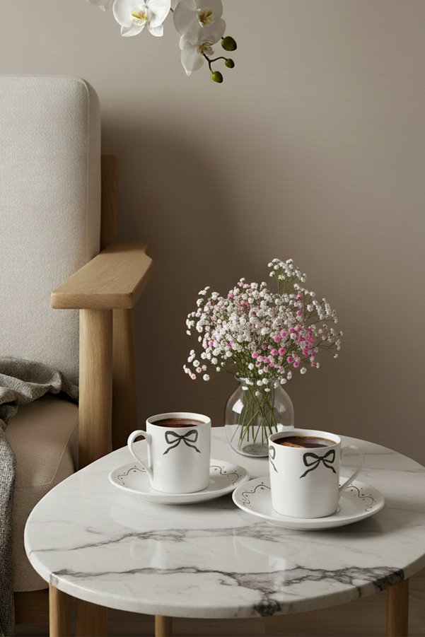 Trendyol Home 2-Piece Porcelain Bowknot/Ribbon Printed Coffee Cups 90 Cc Tphss25Kfc00005