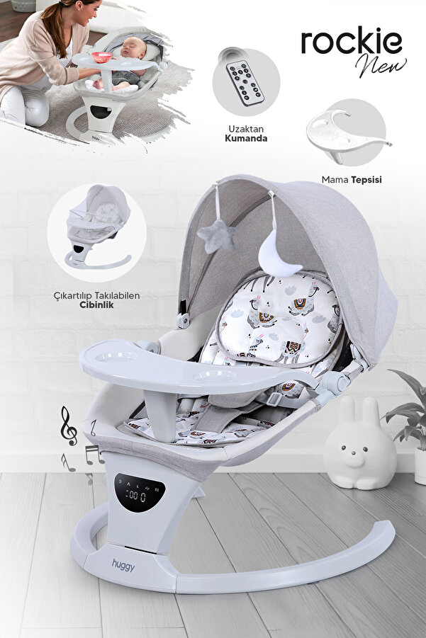 Huggy Rockie Gri Ana Kucağı – Otomatik Sallanır, Bluetooth Müzikli, Kumandalı