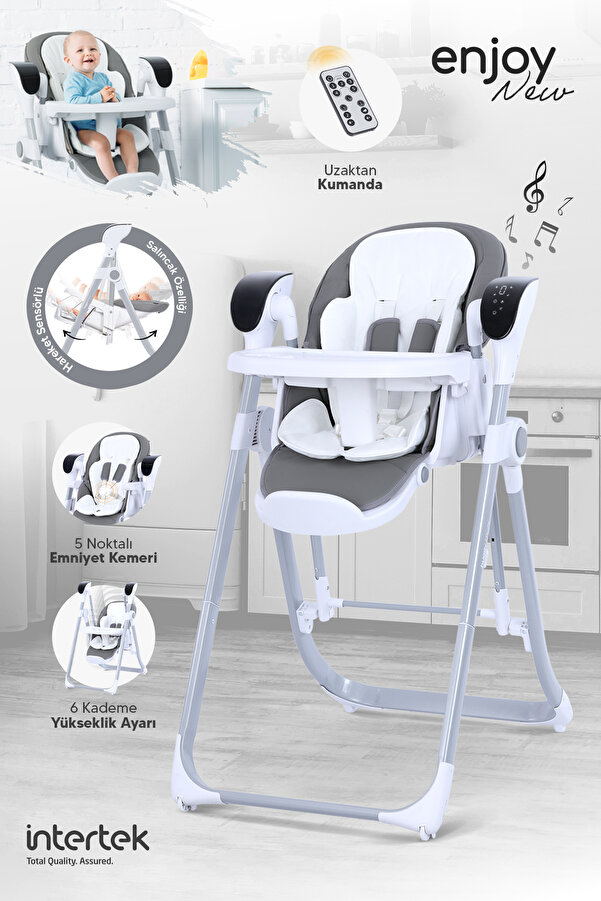 Huggy Enjoy Elektrikli 2'si 1 arada Mama Sandalyesi & Bebek Salıncağı | Katlanabilir, Kumandalı Gri