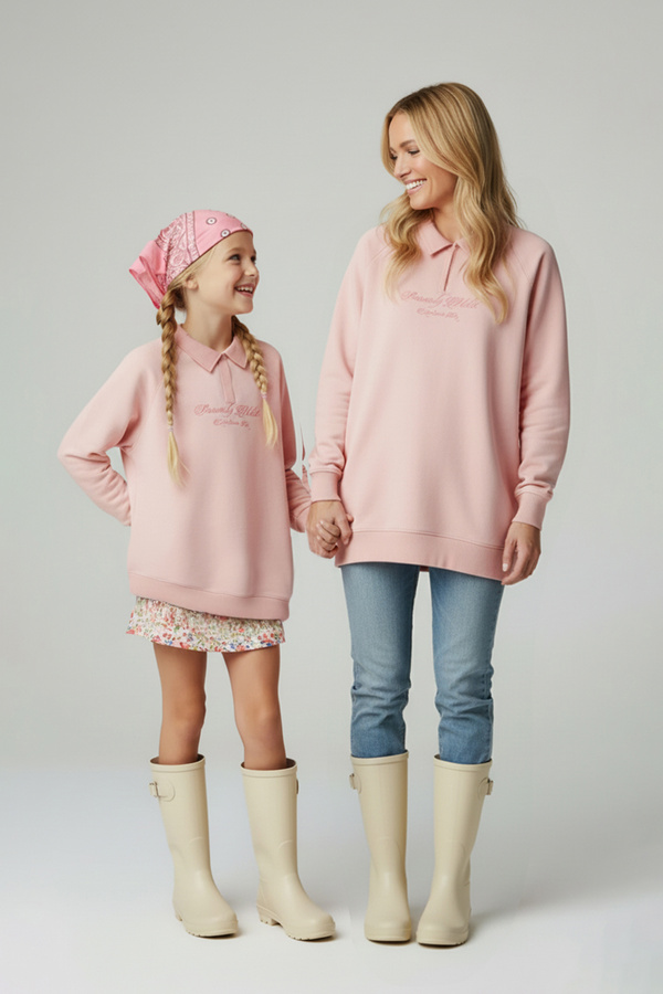 TRENDYOLKIDS Pink Cotton Slogan Printed Polo Collar Drop Shoulder Girls' Ribbed Sweatshirt Tkdaw26Sw00009
