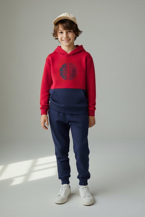 TRENDYOLKIDS Red Cotton Color Block Hooded Regularboy's Knitted Bottom - Top