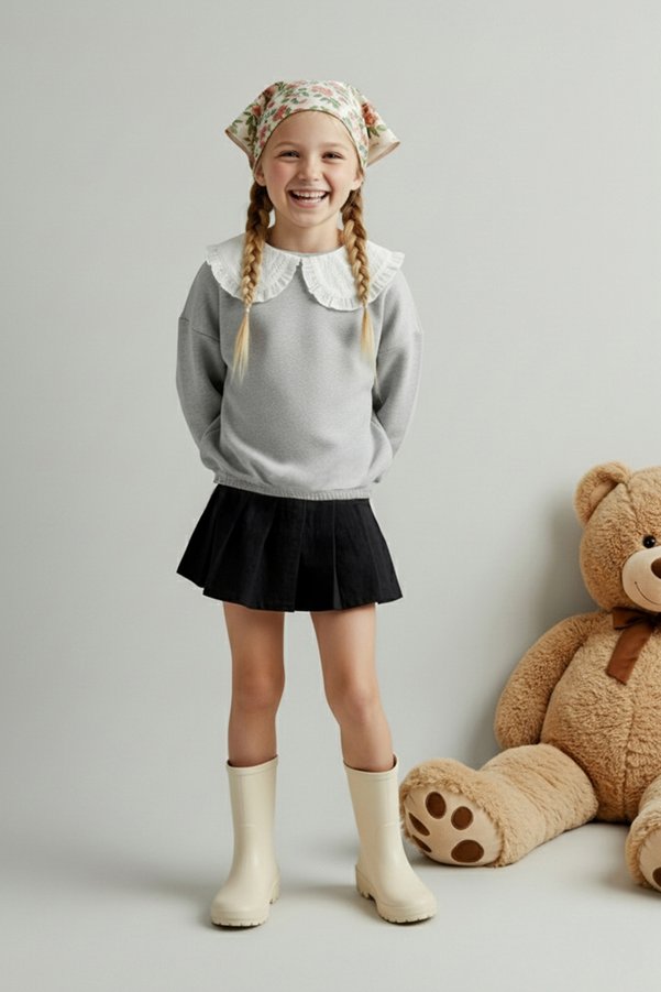 TRENDYOLKIDS Gray Girl's Cotton Plain Peter Pan collar Regular Knitted Sweatshirt Tkdaw26Sw00048