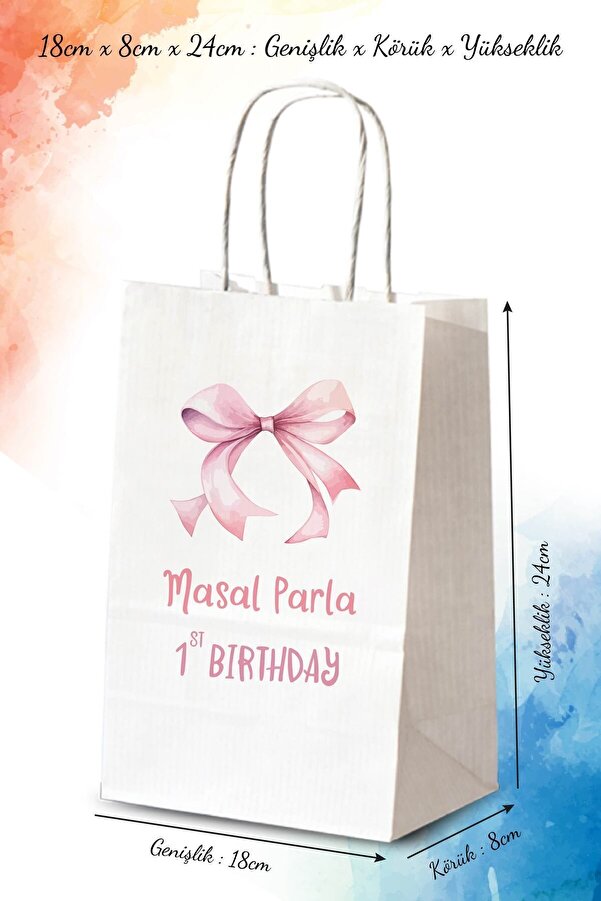 nna tasarım 50 Adet Tek Yön Kişiye Özel Isim Baskılı Doğum Günü Kağıt Çanta/poşet 18x8x24 Cm (BT111-50)