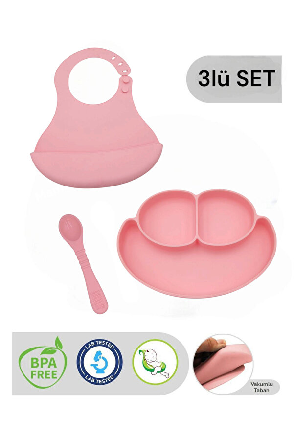 CKM silikon 3lü Silikon Bebek Beslenme Seti- vakumlu tabak kaşık ve mama önlük set