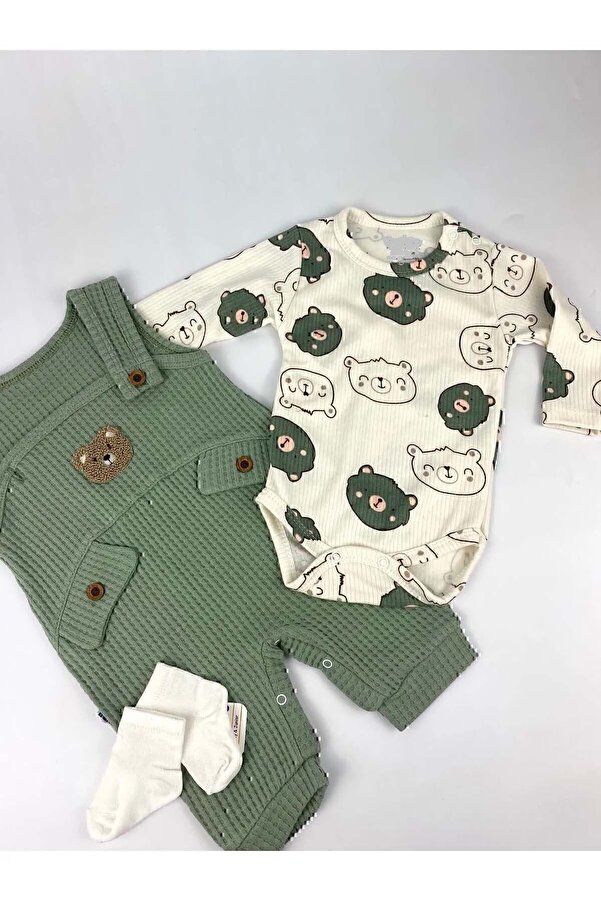 MYZİ STORE Bebek Erkek 3'lü Tulum Takımı Salopet Ve Çorap Seti Ayıcık Desenli Badi Ayı Nakışlı Pamuklu Unısex