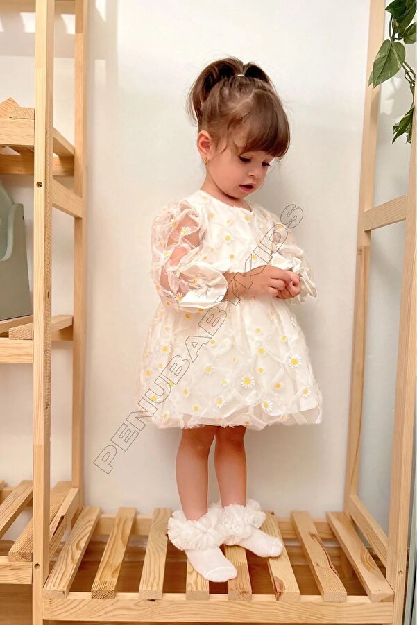 penu baby kids Beyaz Baskı Papatyalı Uzun Tül Kollu Kız Çocuk Kız Bebek Elbise