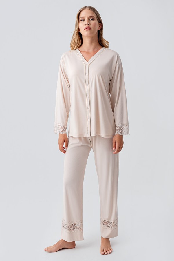 Artış Long Sleeve Buttoned Lace Flexible Viscose Pajama Set