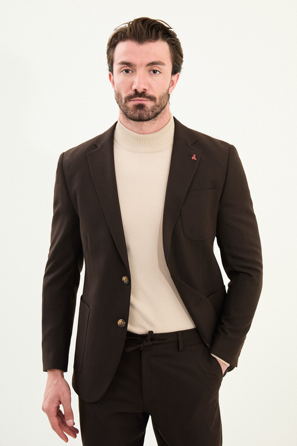 Mcr Straight Slim Fit Bag Pocket Drawstring Elastic Waist Wool Men's Suit Coffee - 45417.25K